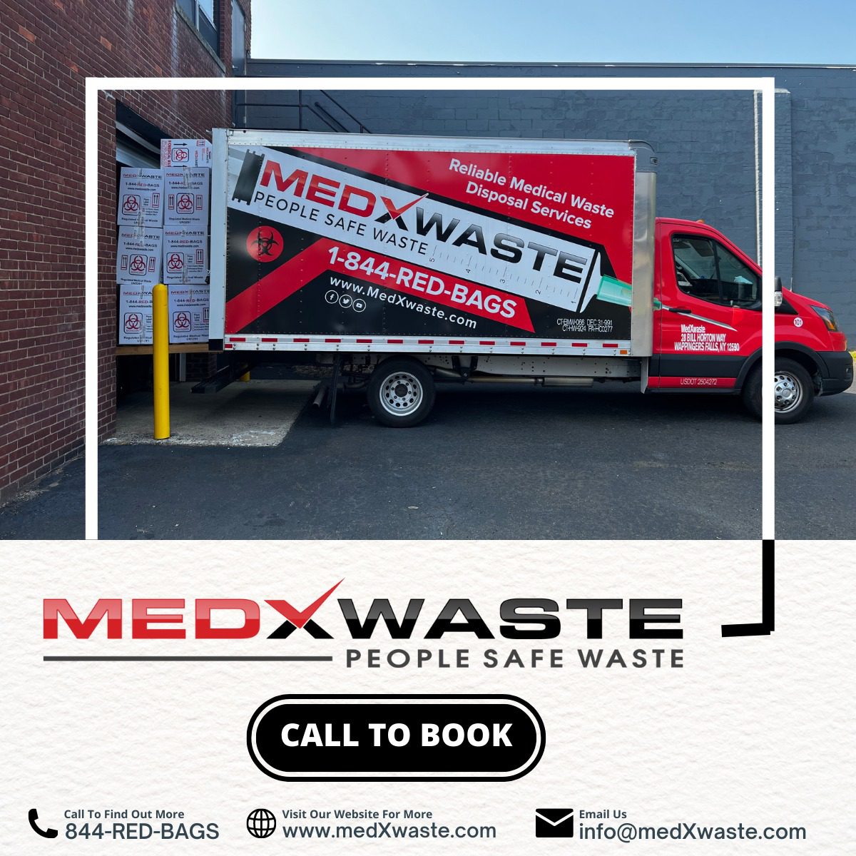 MedXwaste pickup truck loaded with medical waste disposal boxes for transport